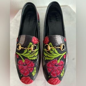 Gucci Jordaan Tapestry Floral Brocade Gold Horsebit Loafer Size 37.5